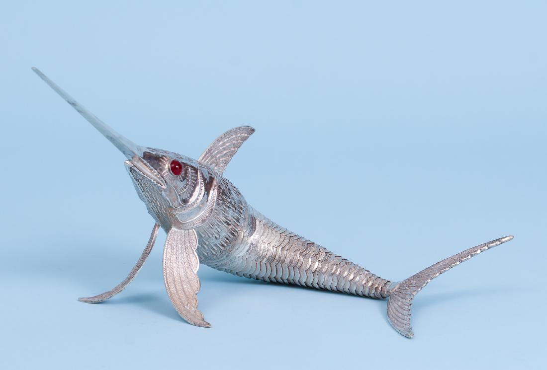 Spanish Reticulated Silver and Carnelian Swordfish: Spanish reticulated silver and carnelian sword fish, with hallmarks for .915 fine silver, measuring 18 inches, 11.5 troy ounces.
