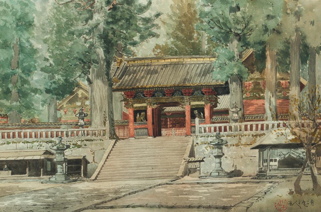 20th Century Japanese watercolor of a Woodlands Shrine (1 of 7)
