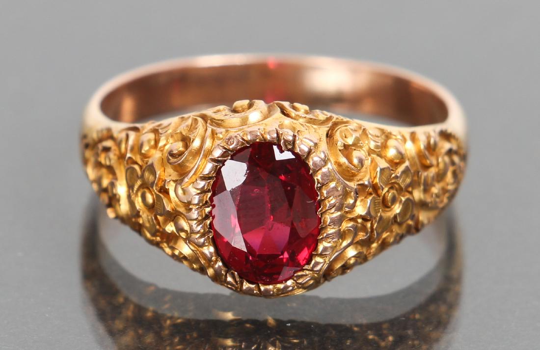 Victorian 10 K Gold and Spinel Ring: 10 k gold and spinel ring, featuring an elaborate floral Victorian setting, size 12, 7.5 grams total weight, unmarked but tests as 10 k.