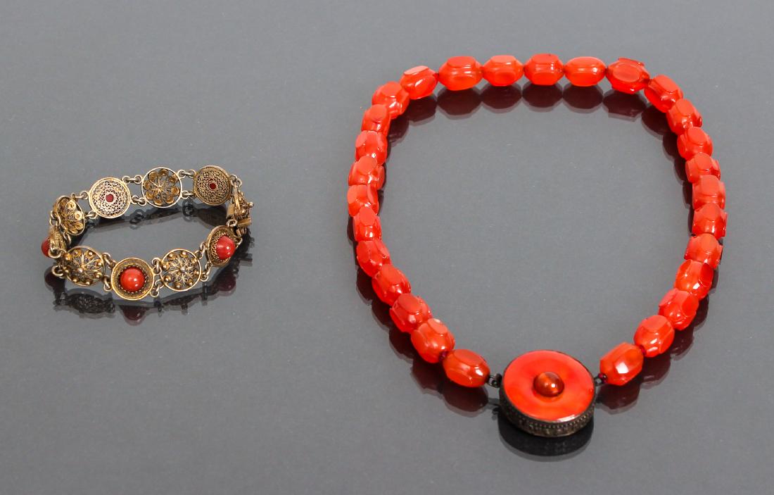 Two Antique Carnelian Jewelry Items: Two antique carnelian jewelry items, comprised of a necklace, 17 inches, and a bracelet, 7 inches.