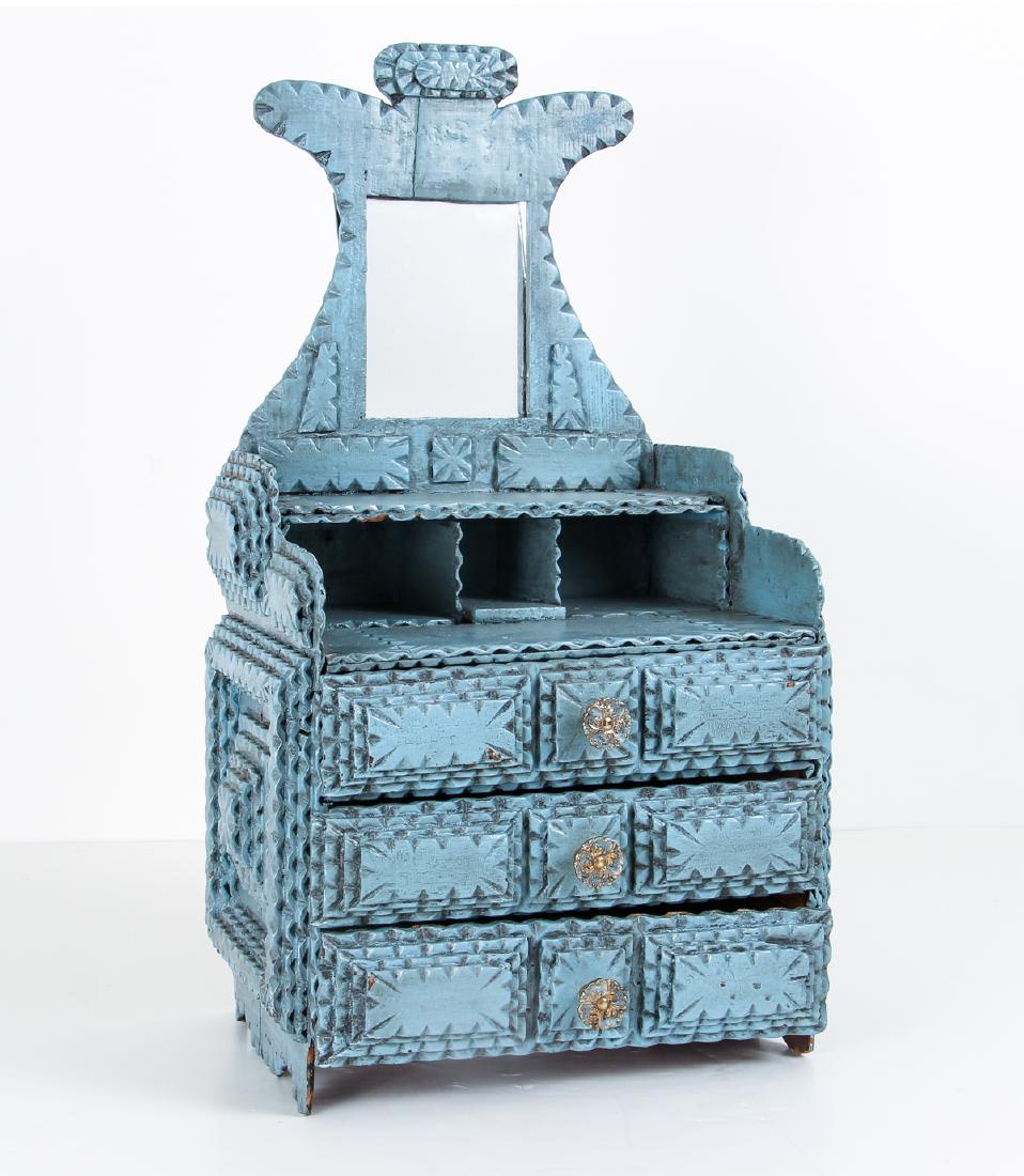 Tramp Art Miniature Dresser: Tramp art miniature dresser, in blue paint, 22 by 12 by 9 inches.