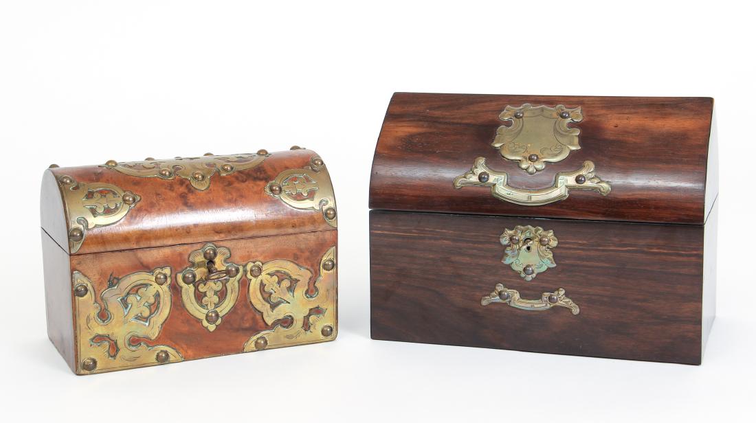 2 wood and brass locking wood jewelry boxes: wood boxes with attractive wood veneers and scrolling brass decorations, 7.5 x 9.5 x 5 inches and smaller