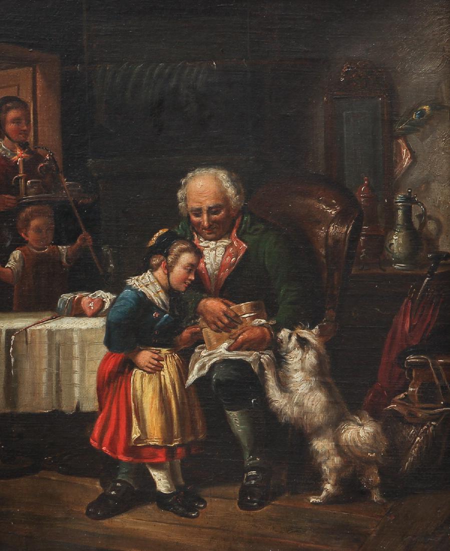 19th Century Genre School Serving the Treats: 19th Century Continental School, Serving the Treats, oil on canvas, 12.75 x 10.5 inches, a cute well painted genre interior where a well dressed gentleman or grandfather is about to open a box full of