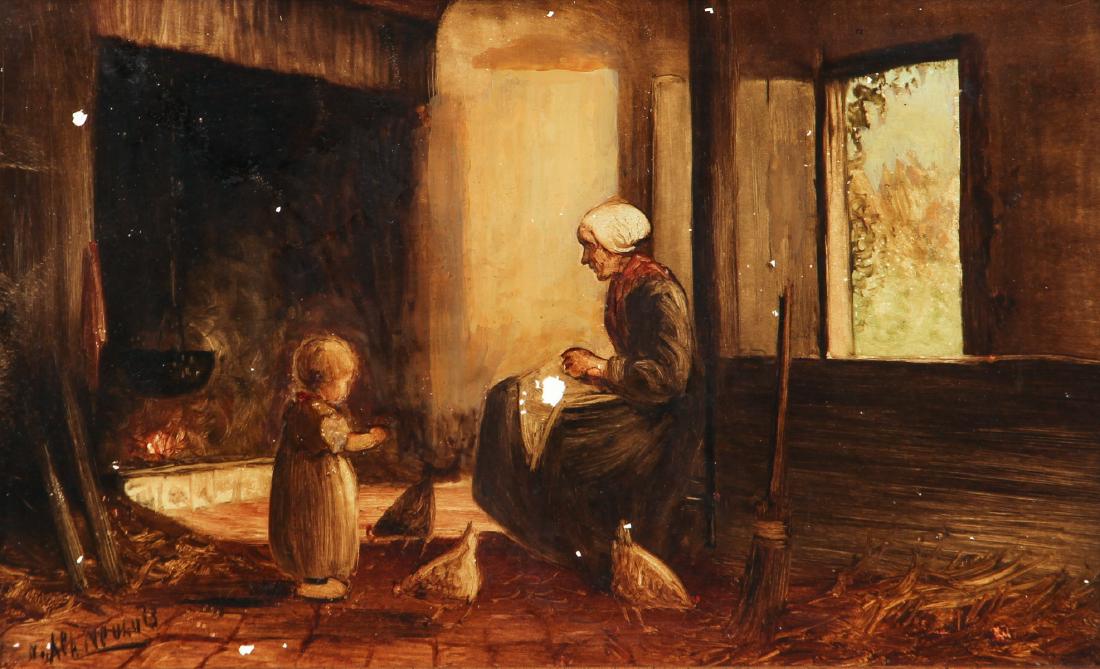 Hague School Interior painting on porcelain: Dutch Hague School late 19th or Early 20th Century, Mother and Child in a an Interior, oil on porcelain, 6.5 x 10.5 inches, signed indistinctly lower left, framed in a wood frame measuring 11 x 15 inc