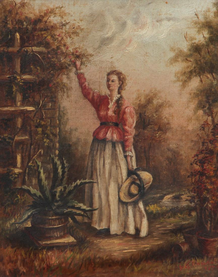 Victorian Woman Picking Flower 1879 ptg. By Randall: Randall (19th Century Victorian School), Woman Picking Flowers from a Flowering Bush in a Garden, 1879, oil on canvas, 10 x 8 inches, signed and dated indistinctly lower right, framed in a period neoc