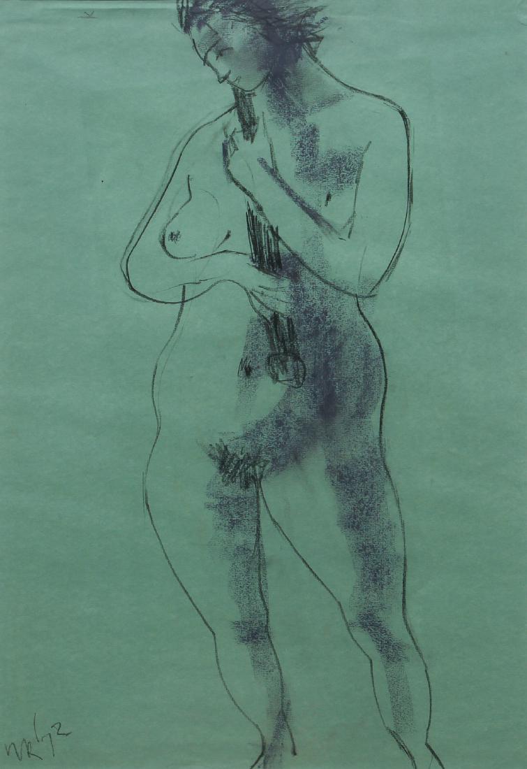 Walter Reinsel Nude with Recorder charcoal/pastel: Reinsel, Walter (American, 1905-1979), Nude with Recorder, 1972, charcoal and pastel drawing on green paper, 24.75 x 9.25 inches (image), signed WR and dated 72 lower left, unfinished nude drawing on