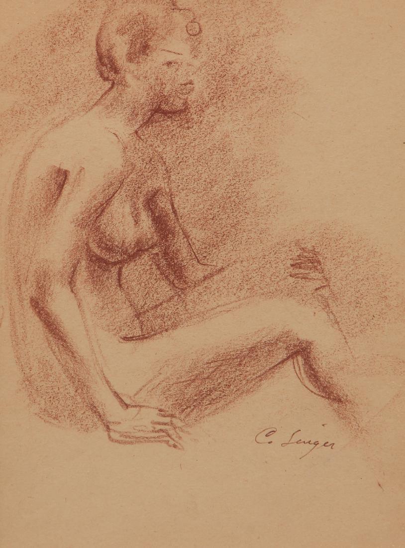 Clyde Singer conte crayon drawing Seated Nude: Singer, Clyde J. (American, Ohio 1908 - 1999) , Seated Nude, conte crayon on tan paper, 1 x 8.25 inches, signed, framed in gilded wood frame measuring 15.5 x 12.5 inches, Provenance: acquired from the