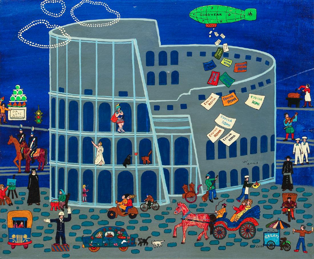 The Roman Coliseum 1979 by Luba: Siniamsky, Luba (20th Century), The Coliseum (a Pop Treatment), 1979, oil on canvas, 19.5 x 23.75 inches, signed Luba, and signed, dated, and inscribed Roma on the canvas reverse, framed 22 x 26 inche