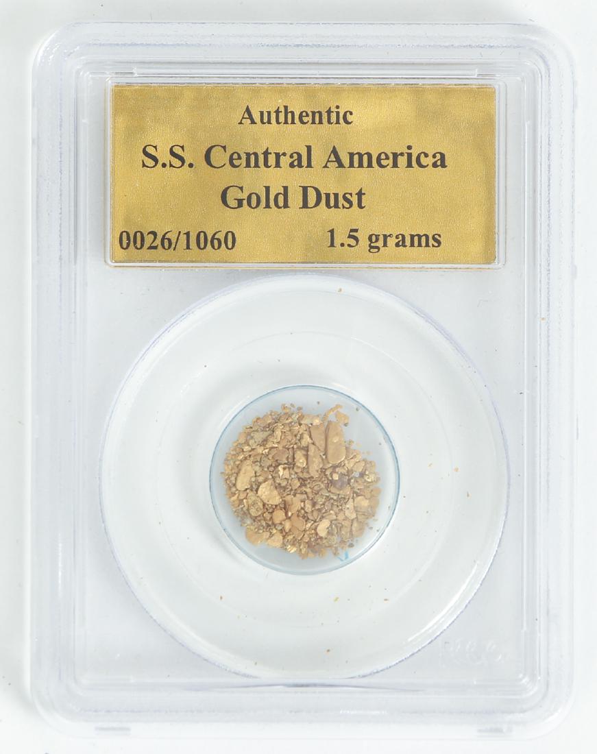 S.S. Central America Shipwreck Gold Dust: S.S. Central America shipwreck gold dust, 1.5 grams, contained in a plastic case.