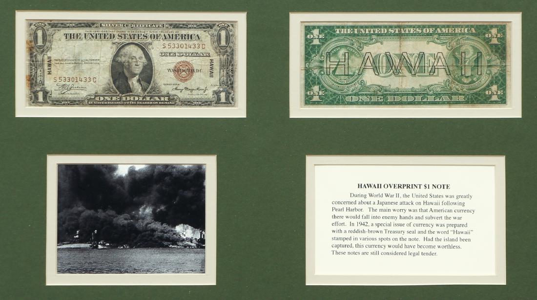 Two Hawaii Overprint One Dollar Bills: Two Hawaii overprint one dollar bills, in a wood frame measuring 15 by 22 inches.