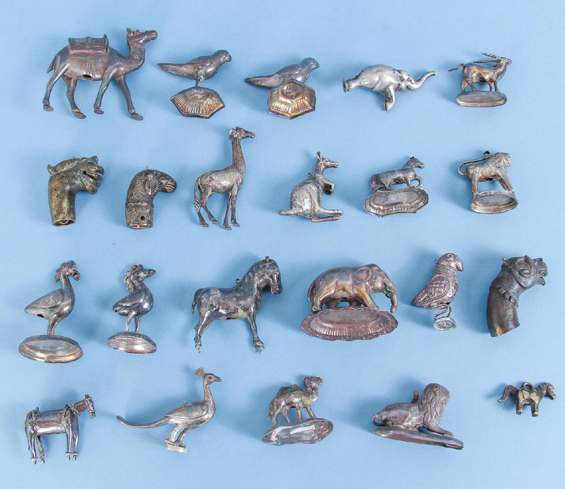 Twenty Two Antique Chinese Silver Animals: Twenty two antique Chinese silver and brass animals, various grades of silver from plate to sterling likely to be found, measuring 1.5 inches to 3.5 inches. Provenance: collection of Ruth O. Frank.