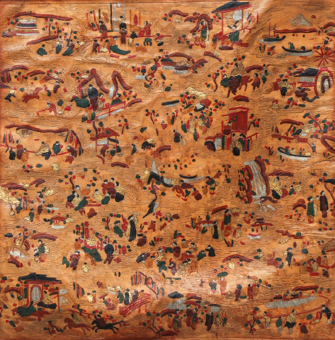 Antique Chinese Painted Leather Panel (1 of 8)
