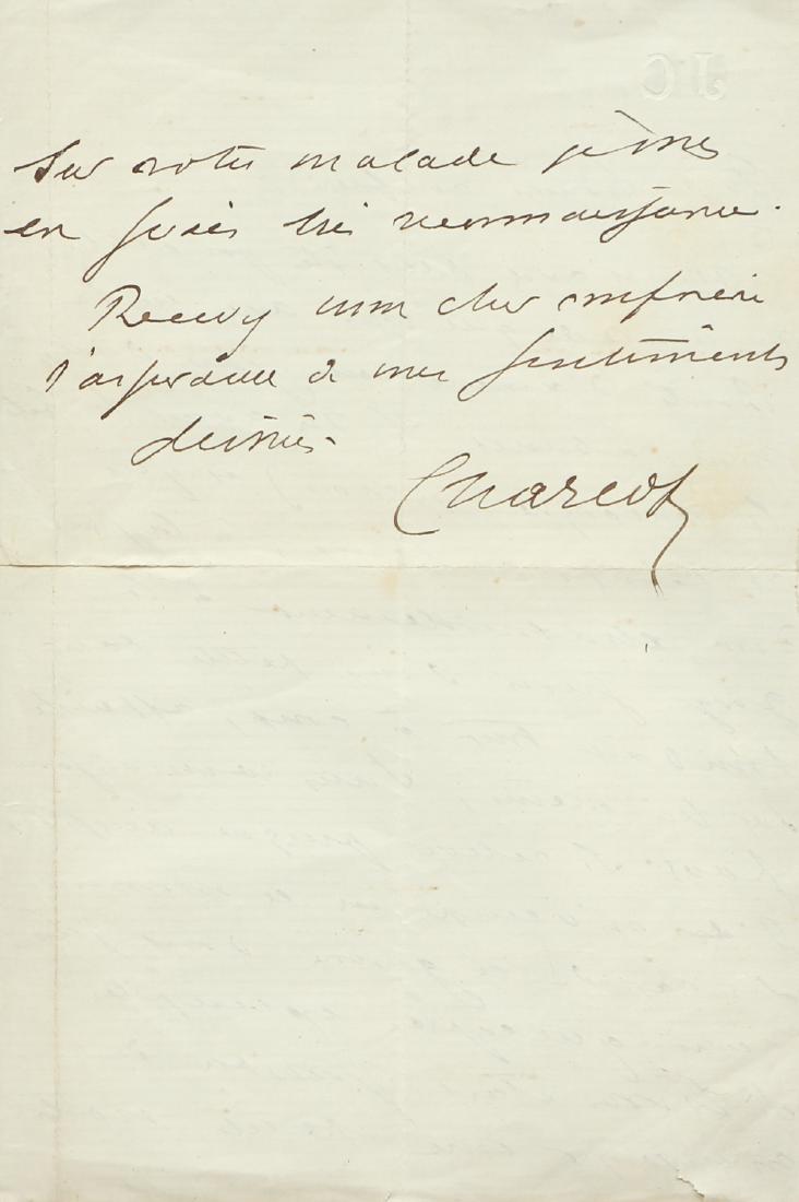 Framed Autographed Letter of a French Gentleman: Framed autographed letter of a distinguished French gentleman, in distinctly signed but with the initials JC, measuring 8 by 5 inches, in a walnut frame measuring 14 by 11.5 inches.