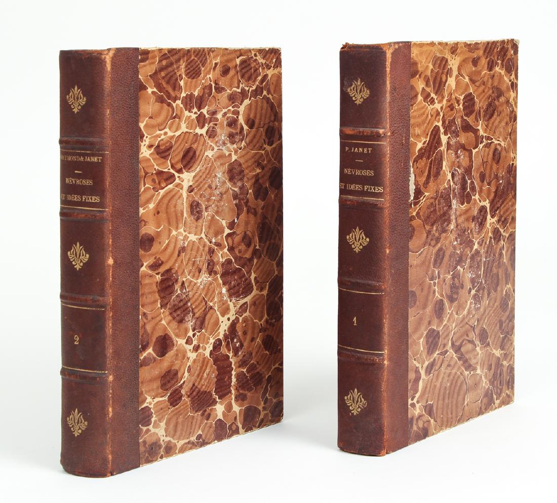 Janet on Neurosis, leather bindings, medical: Pierre Janet and F. Raymond. Nevroses et Idees Fixes, complete in 2 volumes. Paris, Alcan, 1904, 1908. Second edition. French text. Leather-backed boards. 492, 559 pp. Over 150 in-text b&w figures.