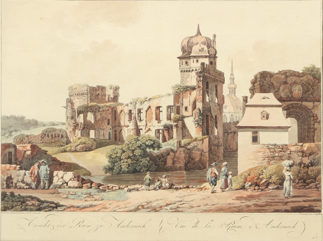 L. Janscha early lithograph "Vue de la Ruine: Janscha, Drawn by L. Janscha, Lithography by J. Ziegler, Ansicht der Ruin zu Andernach or Vue de la Ruine d'Andernach, c. 1780, early lithography, 13.25 x 17.5 inches, framed in gilded wood with black