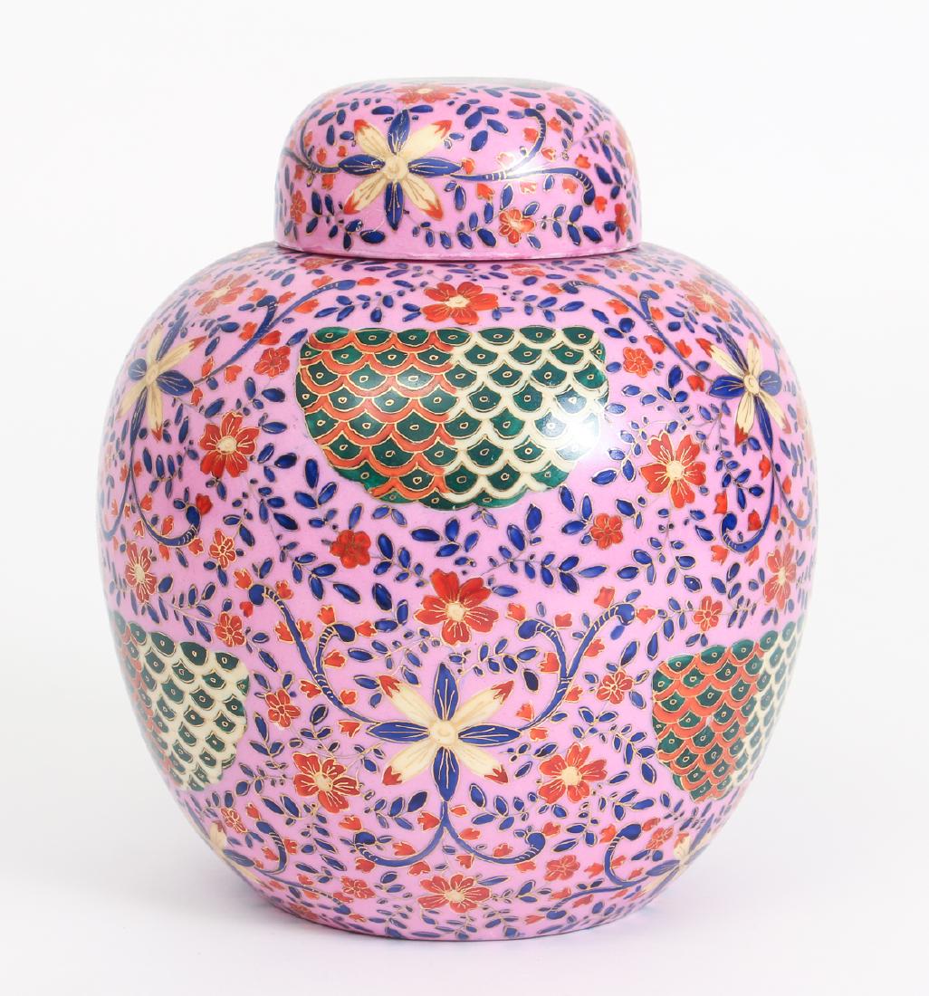 Royal Vienna Orientalist Ginger Jar: Royal Vienna orientalist porcelain ginger jar, with gilt and polychrome decoration on a pink background, measuring 9 by 8 inches.