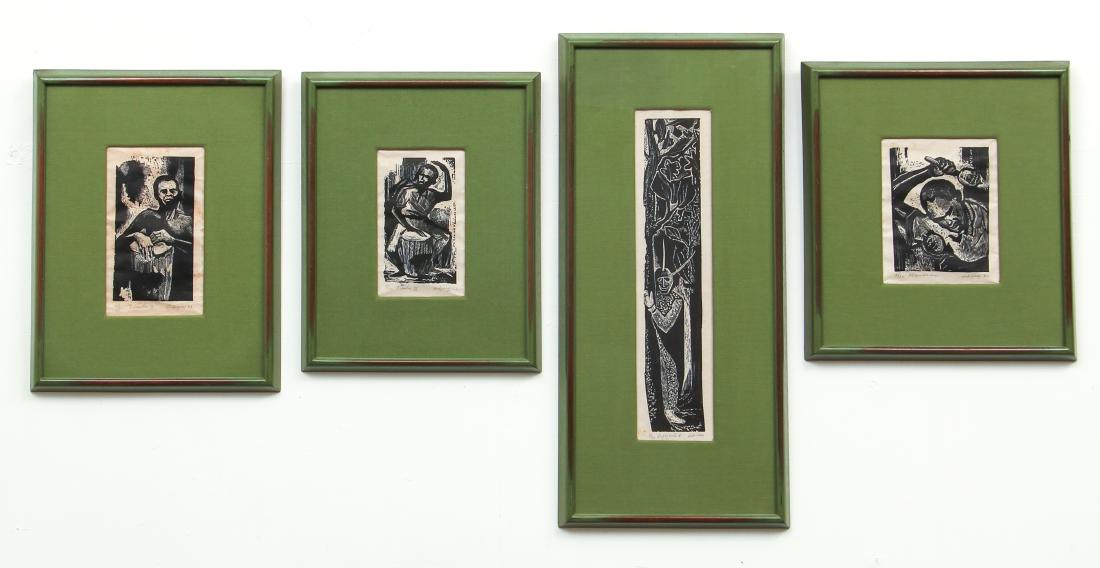 4 framed Puerto Rican linocuts Musicians and Voodoo: 20th Century Puerto Rican Graphic Arts School- possibly Abriq, Timba I, Timba II, Maraca, Vejigante 4, 4 linocuts, 14 x 2.75 inches and smaller, each pencil signed and numbered from editions numbering