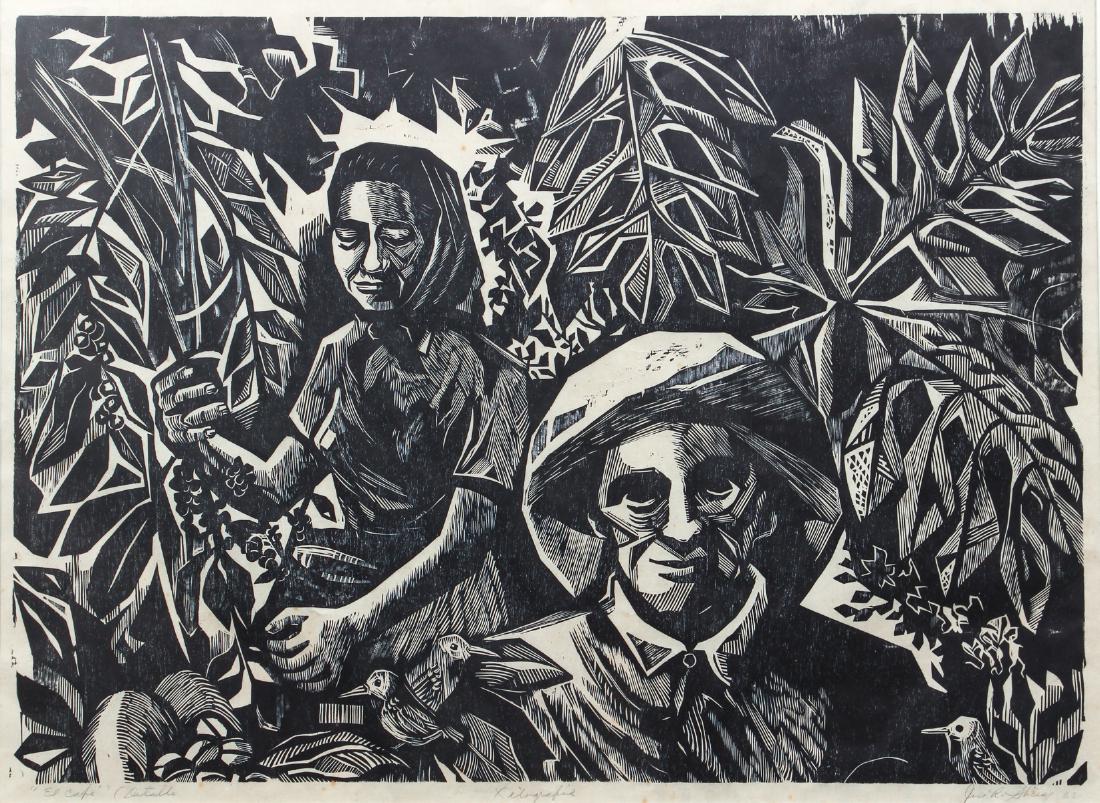 Puerto Rican 1962 El Café linocut: 20th Century Puerto Rican Graphic Arts School- possibly Jose R. Sheery, Titled El Café (Detalle), 1962, linocut, 21.5 x 29.75 inches, titled, inscribed Xilograpir, and pencil signed indistinctly and 