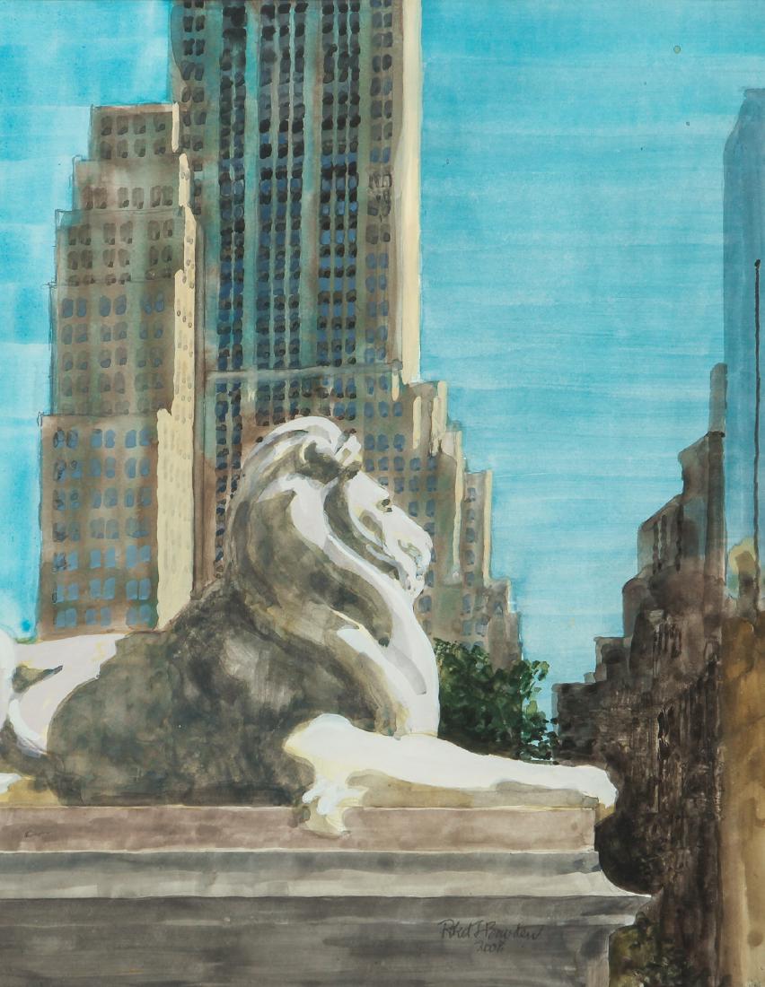 Robert Bowden New York Public Library Watercolor: Bowden, Robert (Western PA/American, Contemporary) New York Public Library with lion sculpture and skyscrapers in the back ground, watercolor, measuring 16 by 12 inches, in wood frame measuring 23 by 