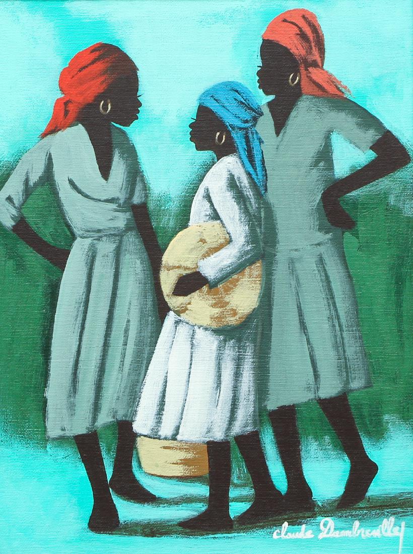 Claude Dambreville Haitian Women with Baskets Painting: Dambreville, Claude (Haitian, Born 1934), painting depicting Haitian women with baskets, signed lower right, measuring 15 x 11.25 inches in a cream brushed frame with gold flecks measuring 19.25 x 15.