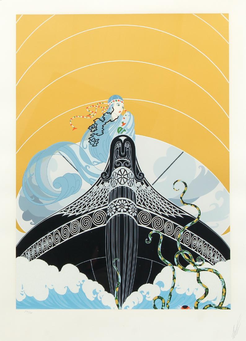 Erté Surprises of the Sea Lithograph: Erté (Romain de Tirtoff, Russian-born French Artist 1892-1990) lithograph of woman on ship over waves, with tentacles to lower right and yellow background, titled 'Surprises of the Sea," pencil signe