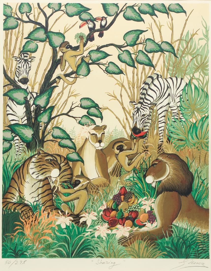 Gustavo Novoa Sharing print: Novoa, Gustavo (Chilean, b. 1941), Sharing, lithograph printed in colors, 22 x 18 inches, Pencil signed, titled, and numbered 50/275 lower margin, framed in a gold metal frame measuring 30.25 x 24.25