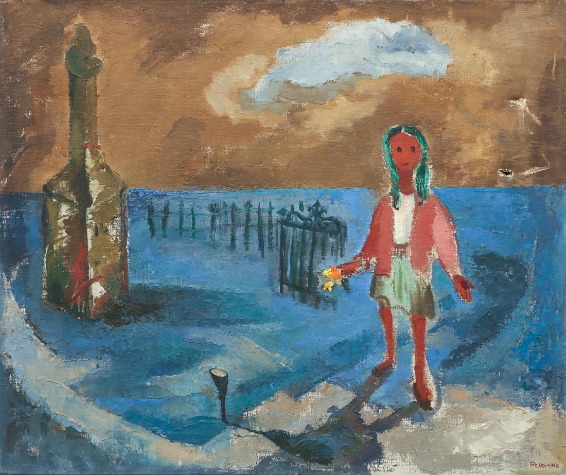 Louise Pershing ptg. Visiting the Cemetery: Pershing, Louise, The Cemetery Visit, circa 1945, oil on canvas, 20 x 24 inches, signed Pershing lower right, framed in the artist's built frame measuring 23 x 27 inches