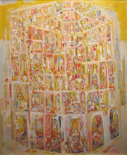 Marie Kelly Tower of Babel ptg: Artist: Kelly, Marie Tuicillo (American 20th Century) Title: Tower of Babel Date: c. 1955 Medium: oil on canvas Dimensions: 40 x 30 inches Signature: Signed Kelly lower right Frame Type: