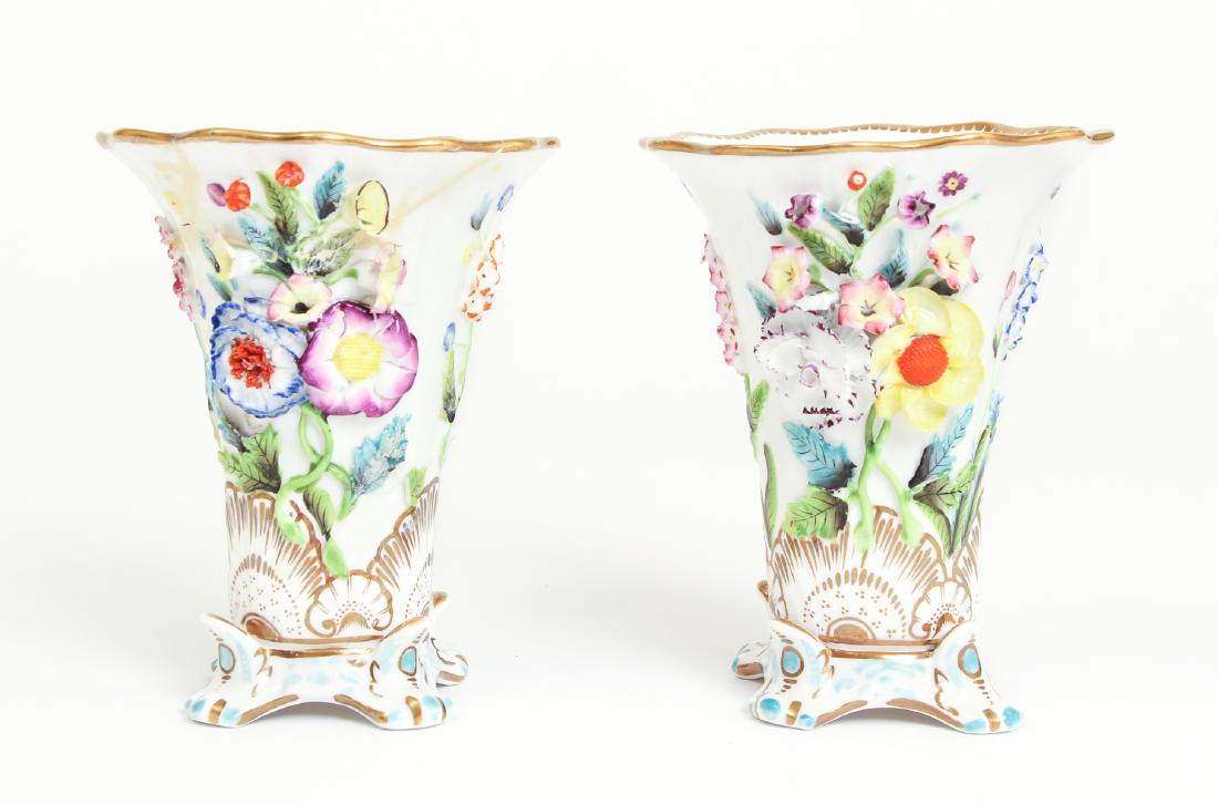 Pair of Spode Porcelain Vases: Pair of Spode porcelain vases, 19th century, with applied floral motifs and gilt borders, 5 inches.