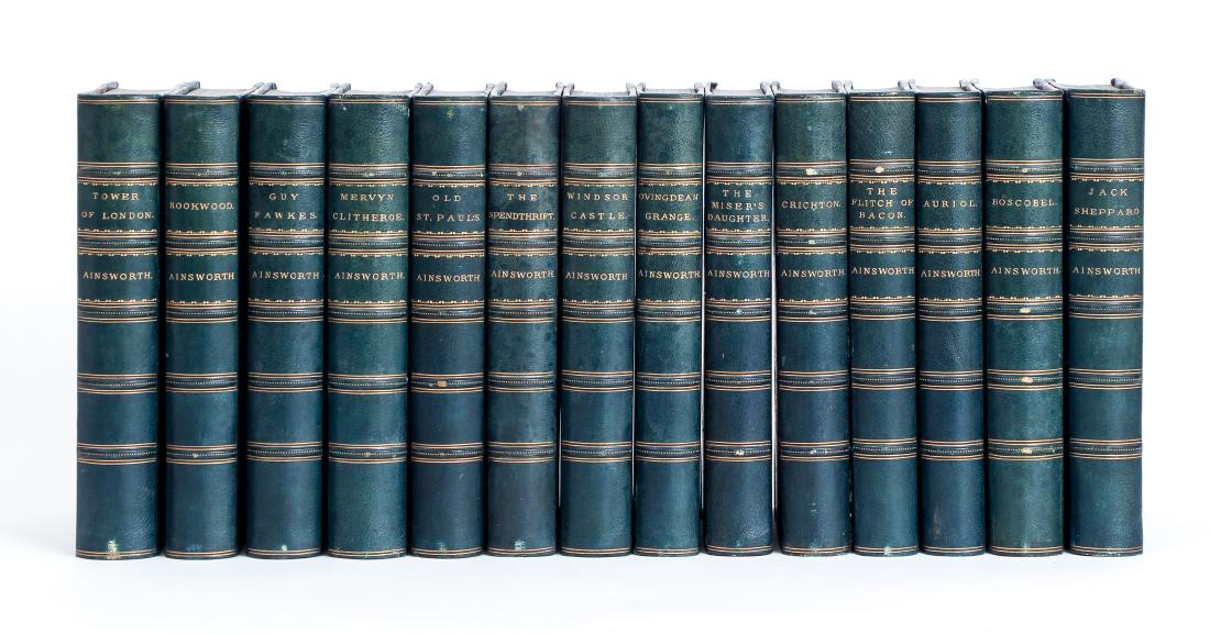 Ainsworth, 14 volumes, fine bindings, Cruikshank: William Harrison Ainsworth, 14 volumes: Tower of London, Guy Fawkes, Rookwood, The Spendthrift, Mervyn Clitheroe, The Miser's Daughter, Ovingdean Orange, Windsor Castle, Old St. Paul's, Crichton, Auri