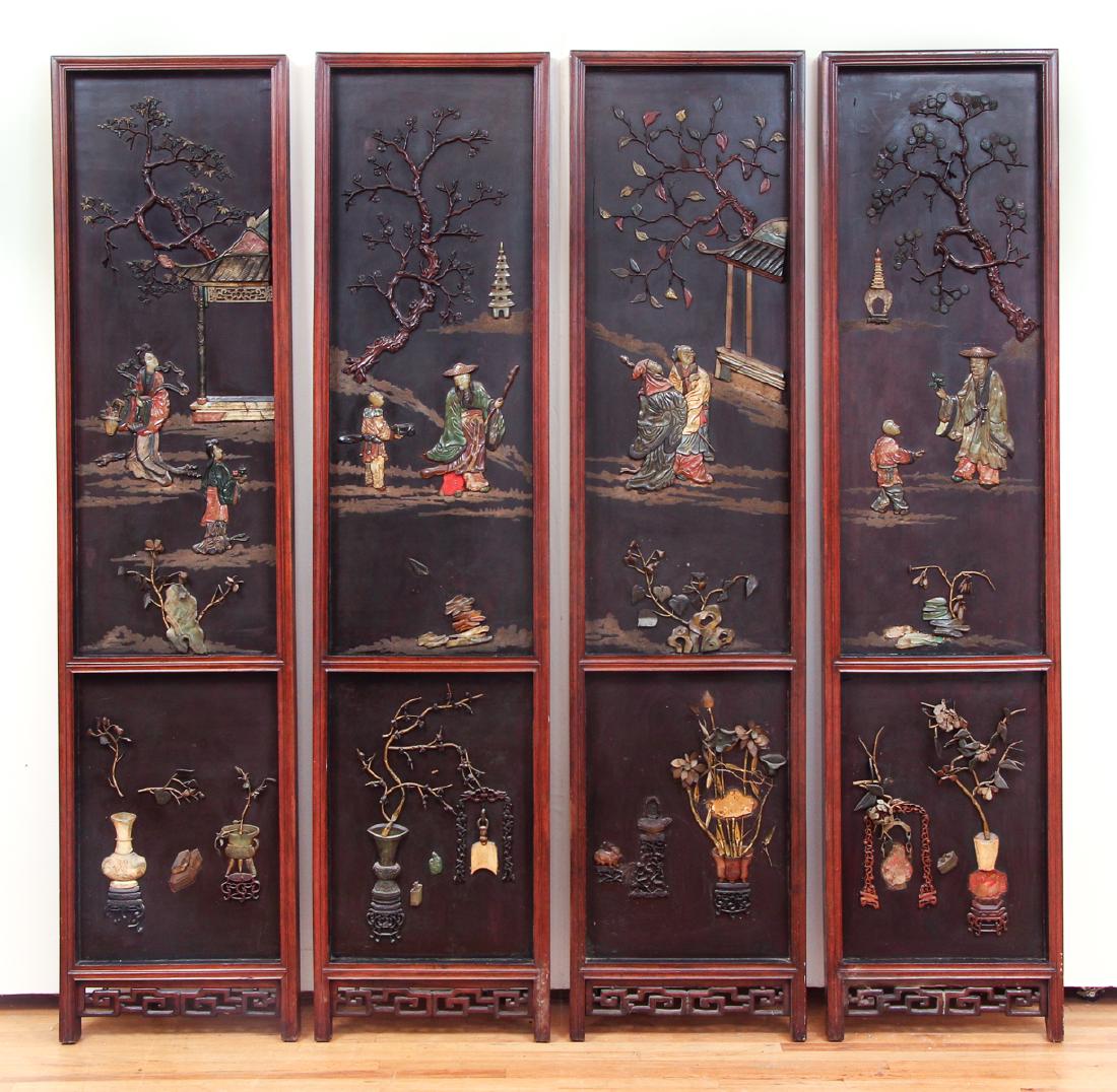 Antique Chinese Four Panel Lacquer and Mineral Folding: Antique Chinese four panel lacquer and mineral folding screen, each of the four sections measuring 86 by 21 by 2.25 inches.