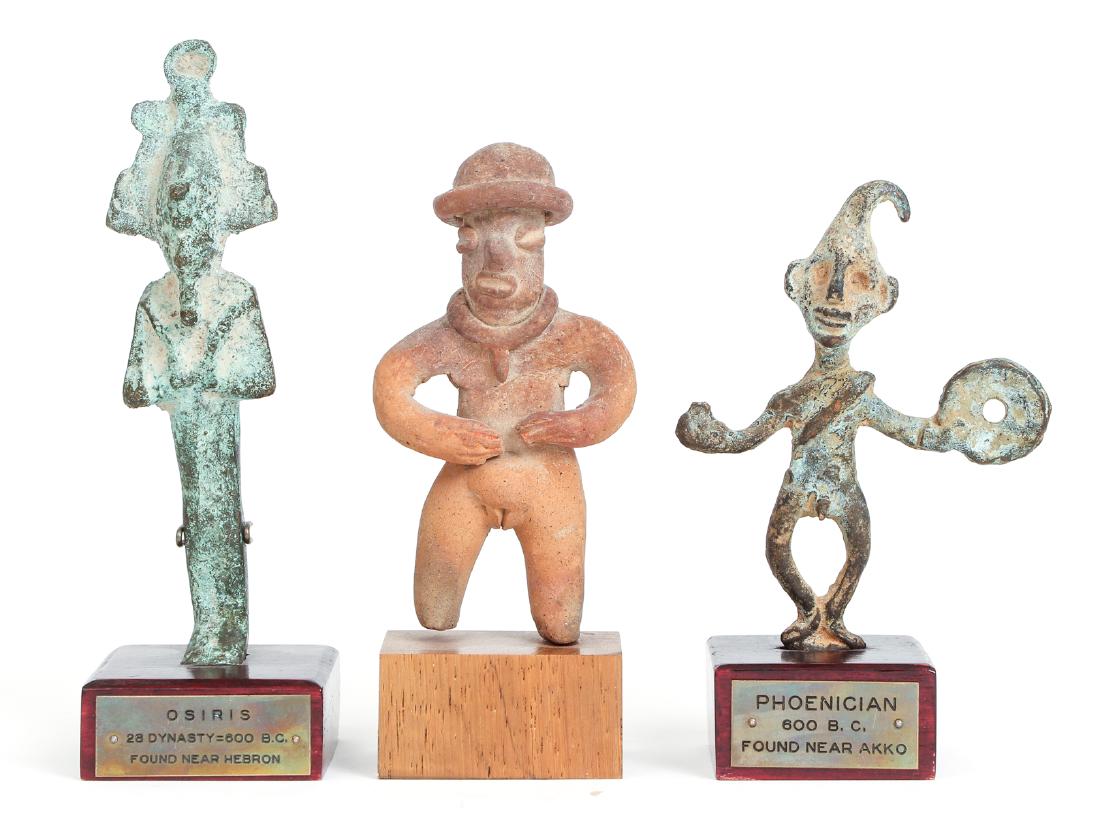 Pair Ancient Bronze Figures from 600 B.C. and: Pair of ancient bronze figures and one terracotta figure; one bronze Egyptian figure of the Goddess Osiris found in Israel near Hebron, from 26th dynasty c. 600 B.C., 6.5 x 2 inches including stand; o