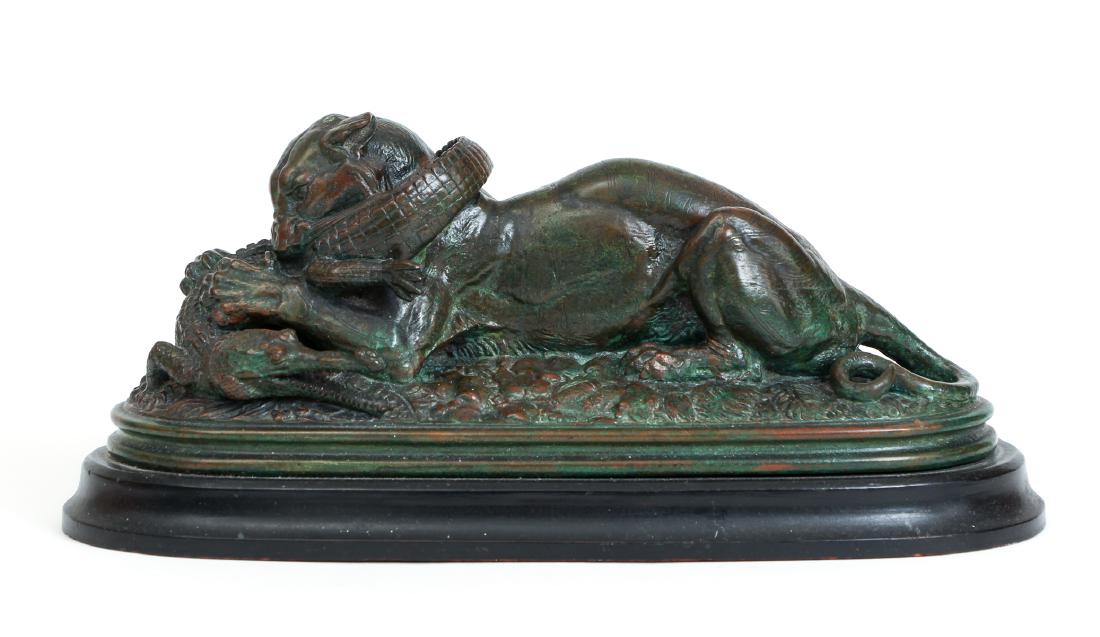 Re-cast Bronze of Panther and Alligator: Re-cast French-style sculpture of panther and alligator, first half 20th century, 5" x 11.5" x 4.5".