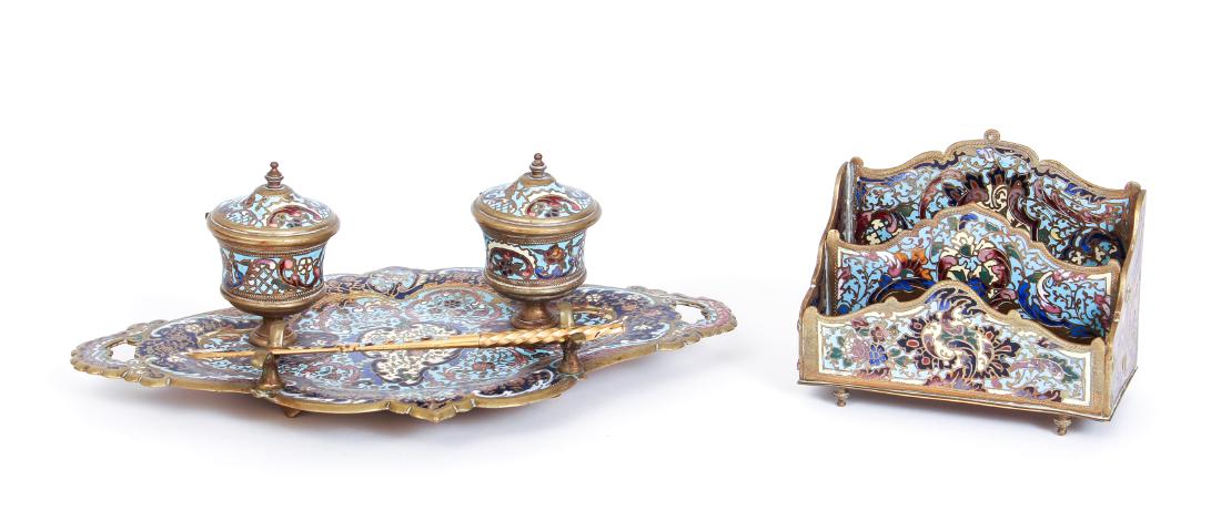 Victorian Enamel and Brass Three Piece Desk Set: Victorian enamel and brass three piece desk set, comprised of a standish with pen, and a paper holder, largest measuring 10.5 inches.