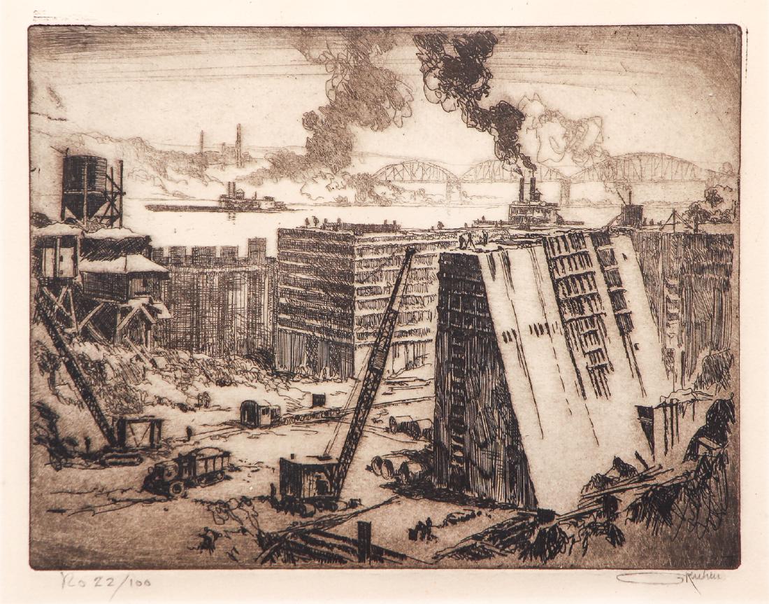 Otto Kuhler Etching Allegheny Dam Pittsburgh: Kuhler, Otto ( German/American 1894-1976), etching with plate tone, titled 'Allegheny River Lock and Dam 2, Under Construction' (Pittsburgh, Pennsylvania), c. 1933, numbered lower left (edition 22/100