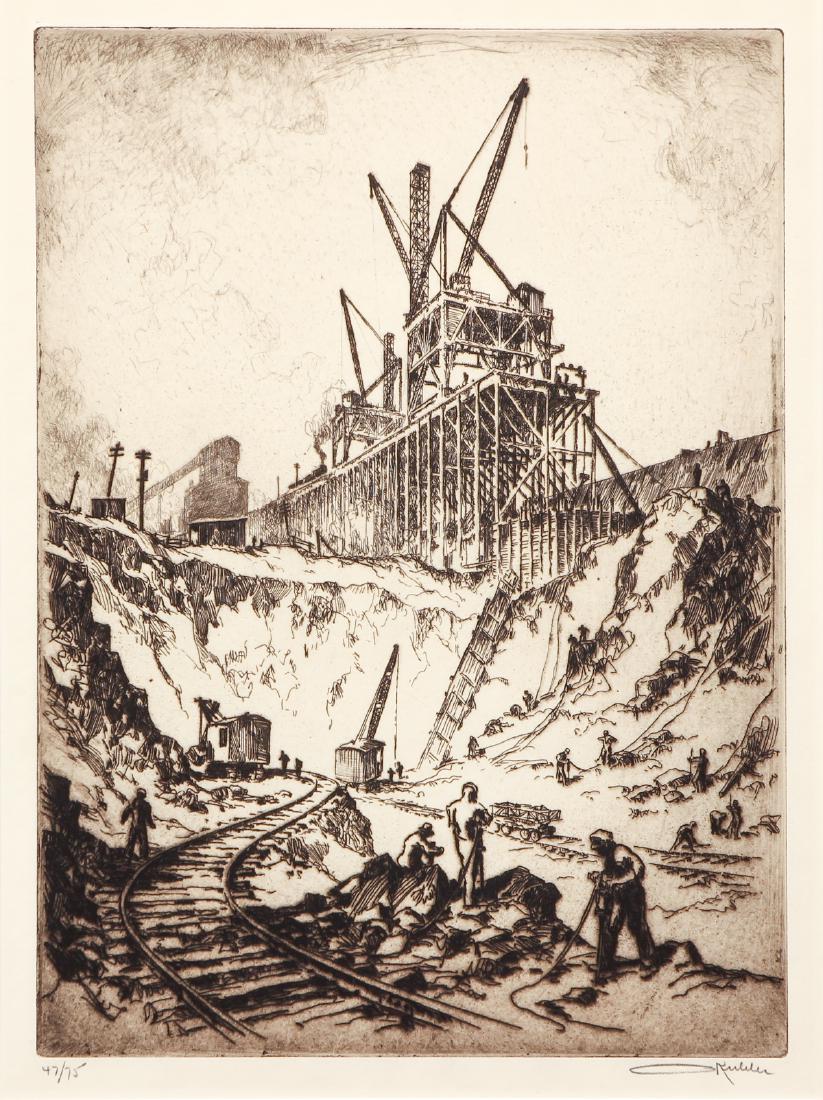 Otto Kuhler Etching Harnessing the Susquehanna at Safe: Kuhler, Otto ( German/American 1894-1976), etching with plate tone, titled 'Harnessing the Susquehanna at Safe Harbor Pennsylvania', c. 1930, numbered lower left (edition 47/75), pencil signed O. Kuhl