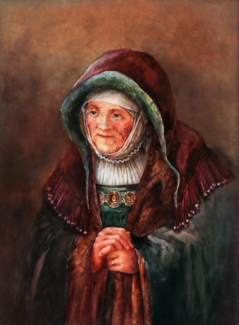 Victorian Ceramic Tile Painting: Victorian style ceramic tile painting depicting a woman in green and purple robes, unsigned, 16 x 11.75 inches in a brown frame measuring 21.75 x 17.5 inches.