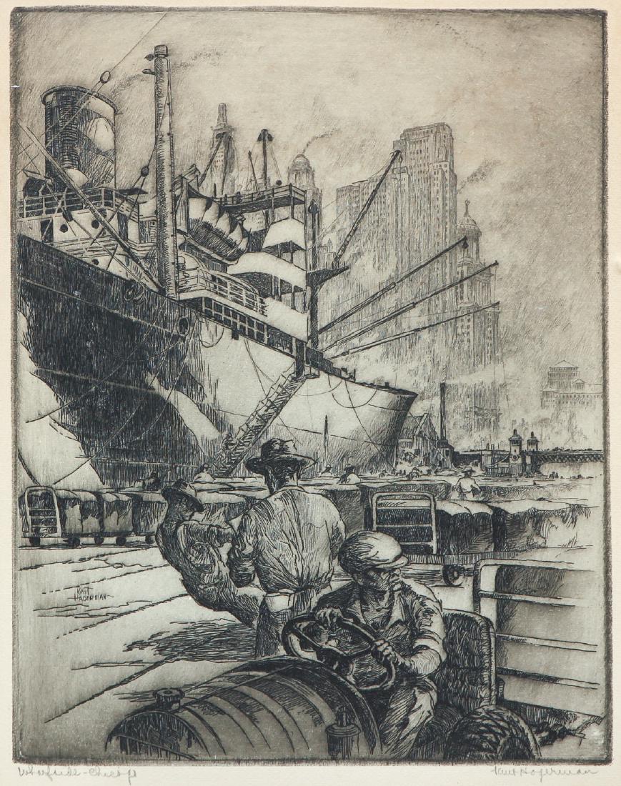 Kent Hagerman Etching of Chicago: Hagerman, Kent (American, 1893-1978), etching of Chicago titled 'Wharfside Chicago,' signed in pencil lower right, 10 x 8.25 inches in black frame 16.26 x 12.75 inches.