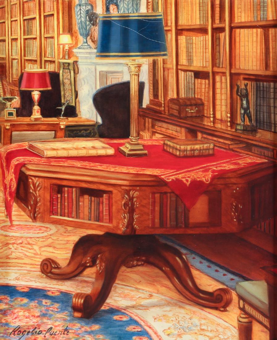Rogelio Puente painting A Library at Chatworth: Puente, Rogelio (Cuban 1936 - 1996), A Library at Chatworth, England, 1991, oil on canvas, 11.25 x 10.6 inches, signed lower left, framed in a Dutch style wood and gilded frame measuring 17.5 x 15,5 i