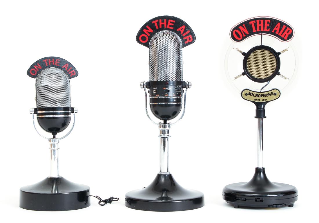 3 Retro On the Air Radio Microphones: 3 'On the air' retro microphones for AM/FM transistor radio; one Leaderworks microphone with original box, includes headphone jack, tuner, AM/FM switch, and antenna, 12.5" x 5.5" out of box; one unbra
