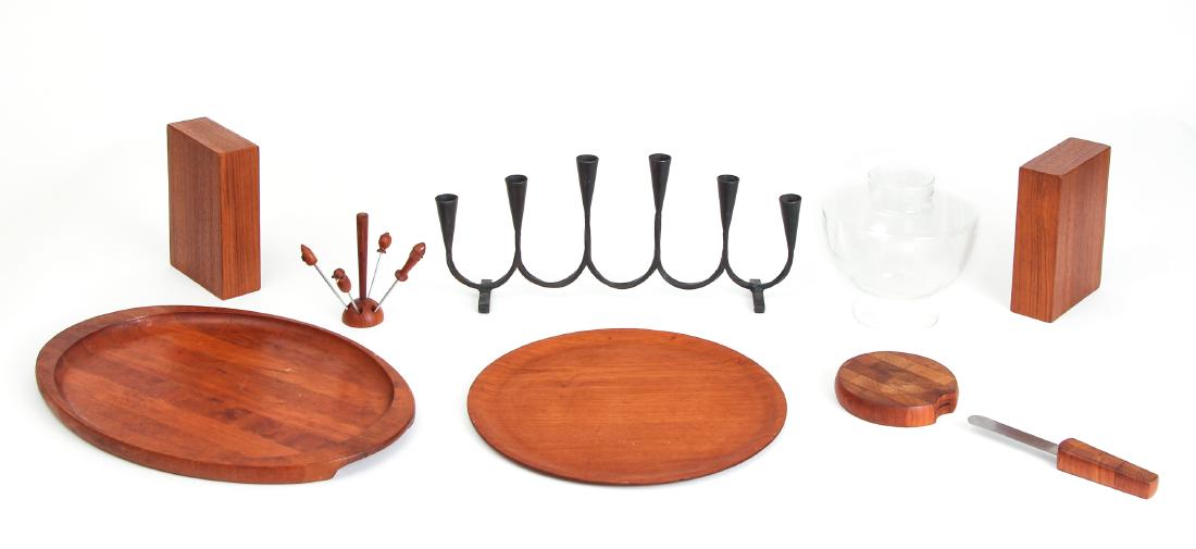 Group of Miscellaneous Scandinavian items: Assorted household items of Scandinavian design: two wooden serving trays (12" x 17.25" and 13" x 13"), various miniature bar tools (five small animal-themed olive forks and holder, and paddle-shaped