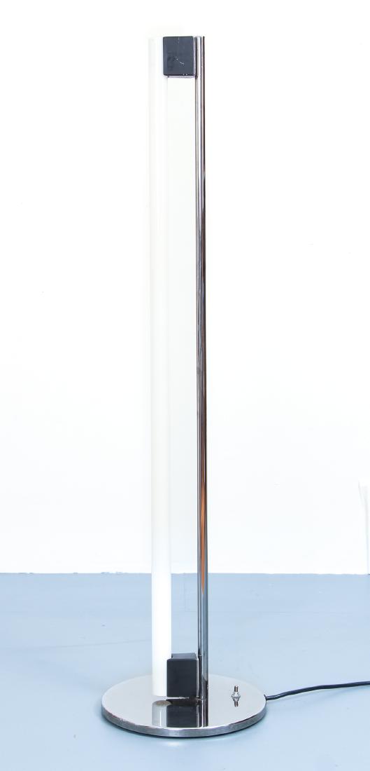 Eileen Gray Vintage Floor Lamp: Gray, Eileen vintage licensed edition floor lamp, made by Images of Design, circa 1980, chrome base supports a single fluorescent tube bulb, includes Eileen Gray/Images of America sticker under base,