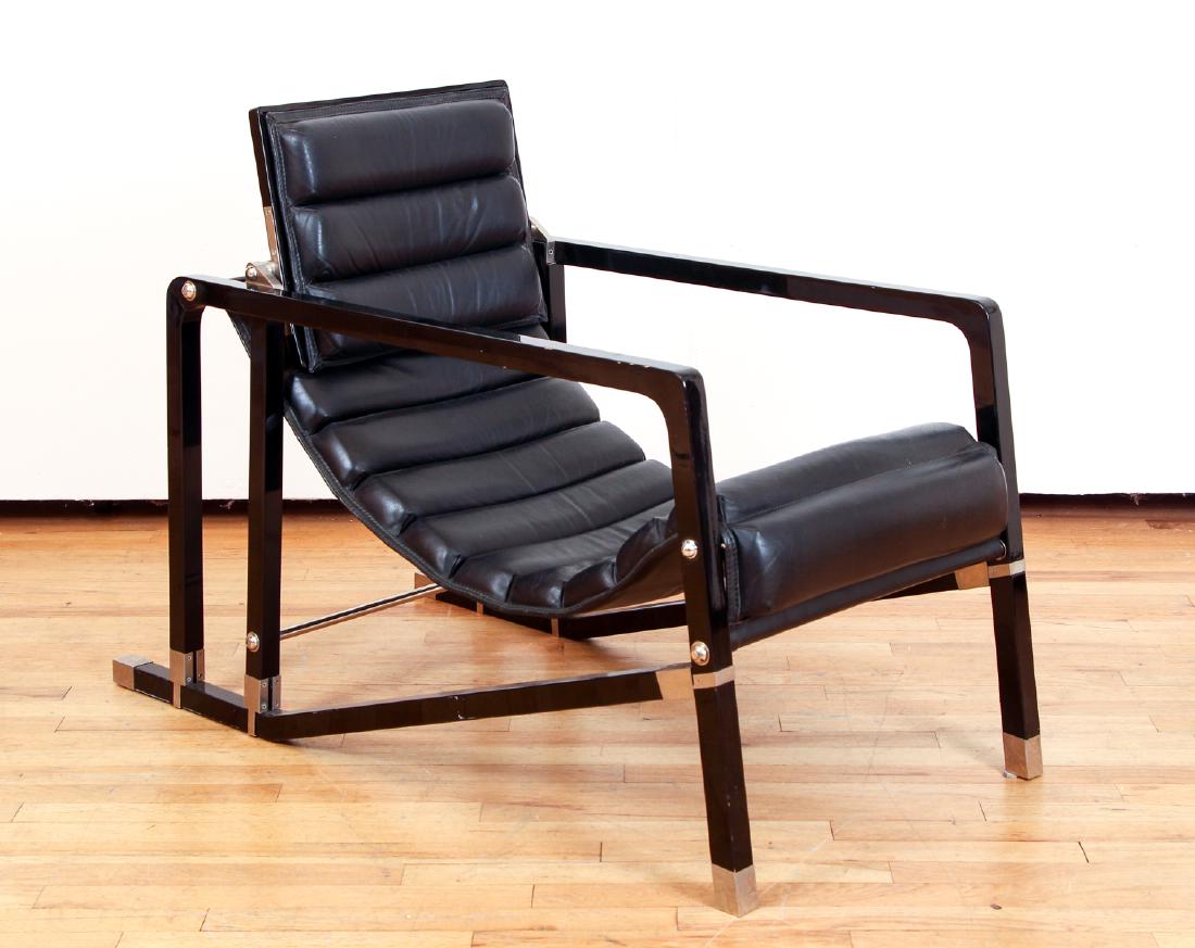 Eileen Gray Black Transat Chair: Designed by Eileen Gray (Irish, 1878-1976) black lacquer Transat chair with chrome fittings, channeled black leather upholstery, made by Aram designs, circa 1975, 30" x 22" x 43". Eileen Gray designed