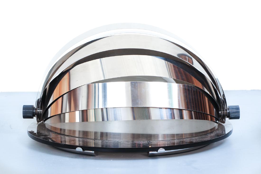 Half Moon Dome Wall or Ceiling Lamp: Half Moon' Dome Wall or Ceiling Lamp, designer unknown, with semi-circle metal attachments that can be arranged in preferred style to cover bulb, 9.5" height, 23" diameter.