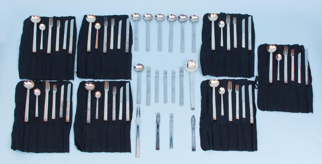 Josef Hoffman 59 pc. Silverware Set from Neue Galerie: Hoffman, Josef (1870 - 1956) 59 pc. flatware silver set, designed in 1906, manufactured by Alessi and includes: 1 large serving spoon, 1 large serving fork, seven 6-piece silverware dinner sets (each