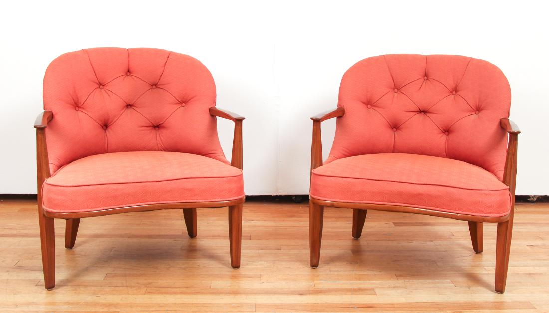 Janus Lounge Chairs by Wormley for Dunbar: Pr Edward Wormley DUNBAR Open Arm Modernist Lounge Chairs. Janus Model. Dark Walnut Chairs. Coral Fabric, H: 30 inches: W: 27 inches: D: 26 inches ---