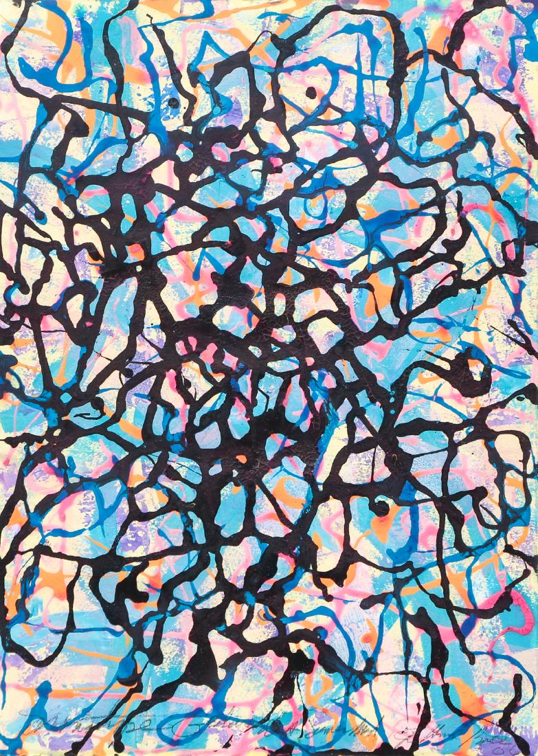 Pair Jo-Anne Bates Monotype Prints, Small: Bates, Jo-Anne (Pennsylvania), pair monotype prints; one titled 'Magenta Spring,' monotype print with collage and plastic hanger under glass, unsigned, 25" x 21" in a thin wooden frame; one titled 'Bo