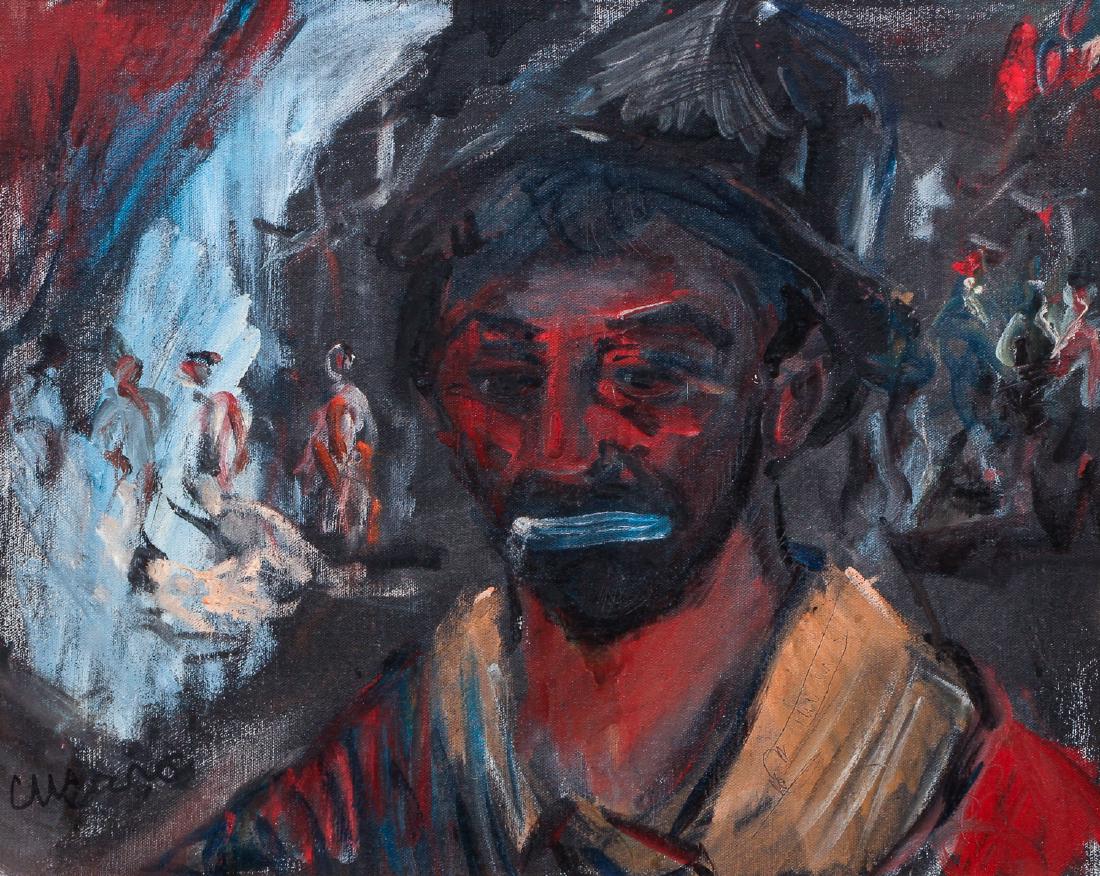 Pascal Cucaro Untitled Oil Painting: Cucaro, Pascal (American, 1915 - 2004), oil on canvas, untitled abstract male portrait, signed lower left, 15.5" x 19.5" in a gold frame measuring 19.75" x 23.75".