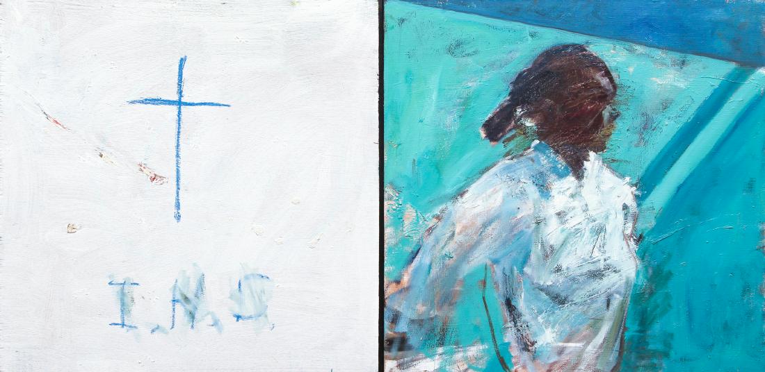 Adam Cvijanovic School Girl Acrylic Diptych Painting: Cvijanovic, Adam (American, b. 1960) acrylic on panel diptych, titled 'School Girl,' c. 1980s, 24" x 49" in a thin gold frame.