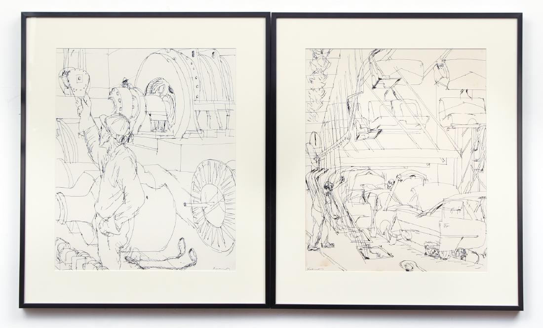 Pair of Henry Koerner Drawings: Car Factory & Mill: Koerner, Henry (Austrian-American, 1915-1991), Car Factory & Mill Interior with Turbines, pen and ink drawings, each 19.5 x 15.5 inches (sight size), Car signed lower left and Mill signed lower right,